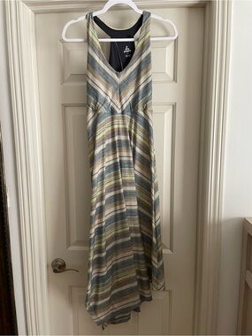 Prana Striped V-Neck Maxi Dress in Blue, Cream & Tan
